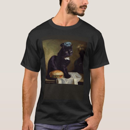 黒猫がハンバーガーを考える Tシャツ (正面)