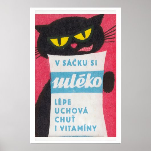 黒猫がミルク袋をペロペロ - マッチ箱プリント ポスター (正面)