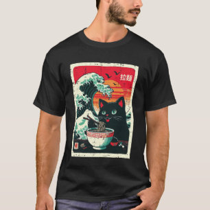 黒猫がラーメンを食べる 和風の麺 女性 Tシャツ