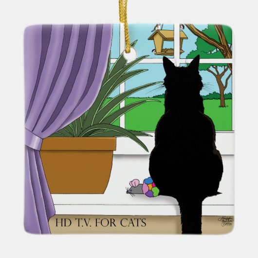 黒猫が外を見ている窓 セラミックオーナメント (正面)