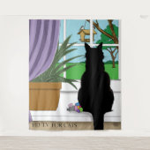 黒猫が外を見ている窓 タペストリー (正面)