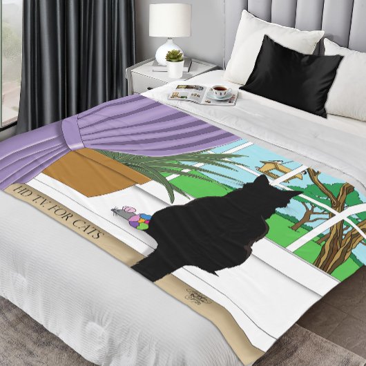 黒猫が外を見ている窓 フリースブランケット