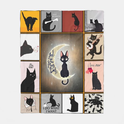黒猫が月と背中の贈り物に愛する フリースブランケット (正面)