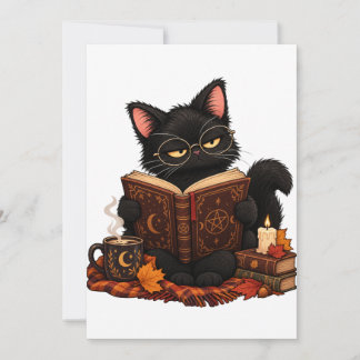 黒猫が本を読むハロウィンパーティー招待状 招待状