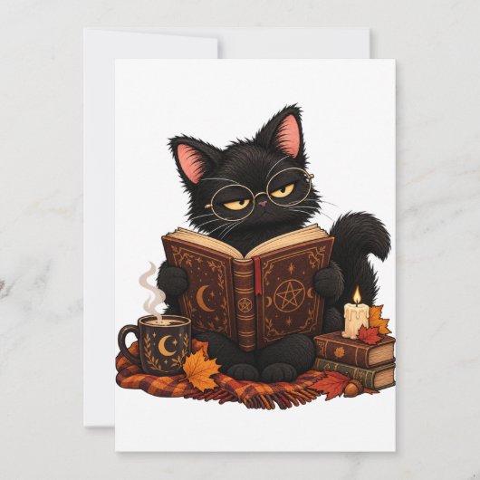 黒猫が本を読むハロウィンパーティー招待状 招待状 (正面)