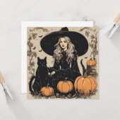黒猫が登場する可愛いヴィンテージハロウィーンの魔女 カード (正面/裏面インサイチュ)