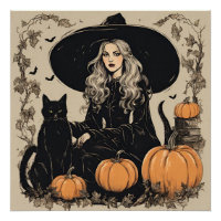 黒猫が登場する可愛いヴィンテージハロウィーンの魔女