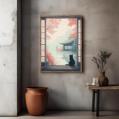 黒猫が眺める日本の秋の禅景色アート ポスター