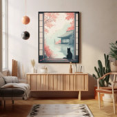 黒猫が眺める日本の秋の禅景色アート ポスター
