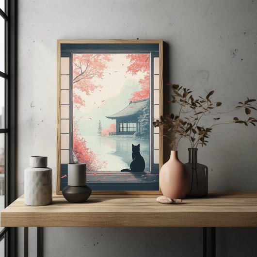 黒猫が眺める日本の秋の禅景色アート ポスター