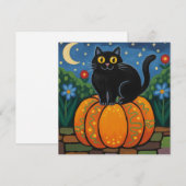 黒猫が秋のカボチャに座っている シーズンカード (正面/裏面)