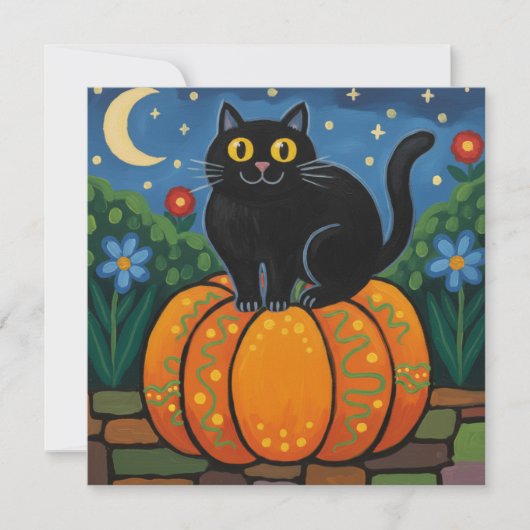 黒猫が秋のカボチャに座っている シーズンカード (正面)