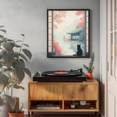 黒猫が秋の禅日本のシーンアートを見る ポスター