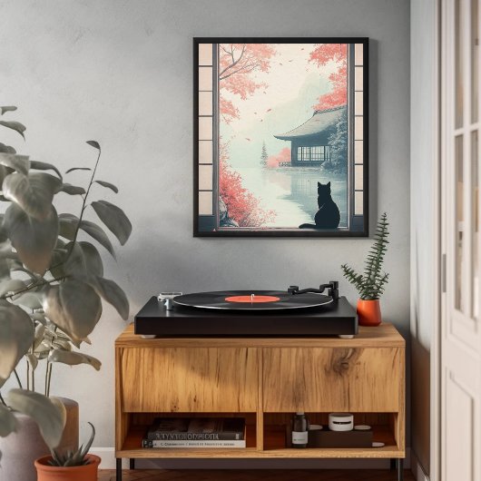 黒猫が秋の禅日本のシーンアートを見る ポスター