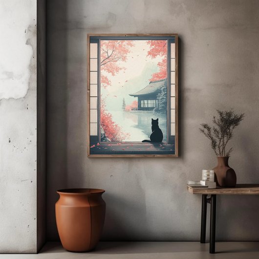 黒猫が秋の禅日本のシーンアートを見る ポスター