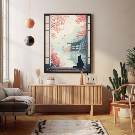 黒猫が秋の禅日本のシーンアートを見る ポスター