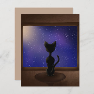 黒猫が窓から夜空の星を眺める
