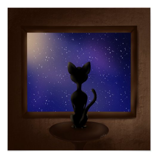 黒猫が窓から夜空の星を眺める ポスター (正面)