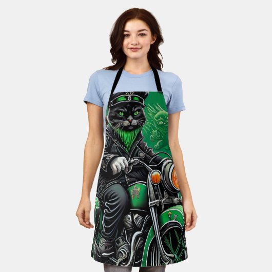 黒猫が自転車を運転する聖パトリックの日 エプロン (着用した状態)