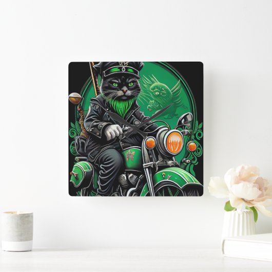 黒猫が自転車を運転する聖パトリックの日 スクエア壁時計 (ホーム)
