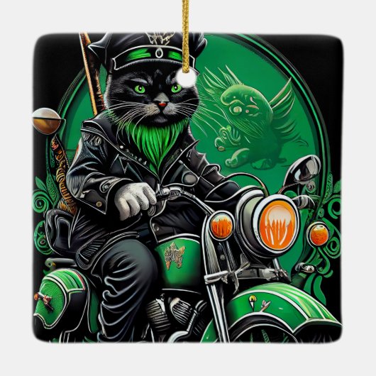 黒猫が自転車を運転する聖パトリックの日 セラミックオーナメント (裏面)