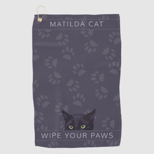黒猫が足を拭くペット名ゴルフタオル ゴルフタオル (正面)
