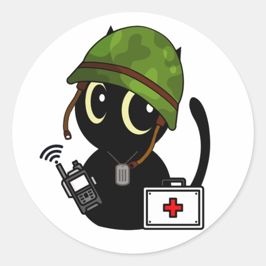 黒猫が軍用ヘルメットをかぶる ラウンドシール (正面)