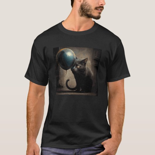 黒猫が風船を食べる Tシャツ (正面)