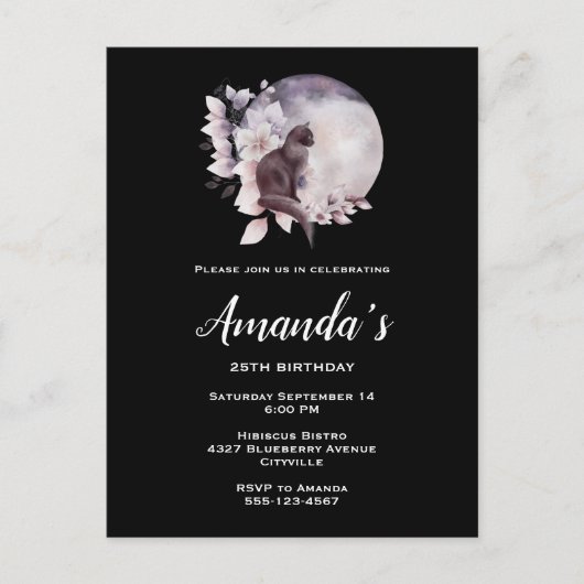 黒猫が魔法の満月誕生日の前に インビテーションポストカード (正面)