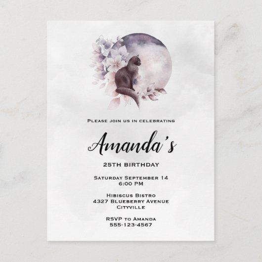 黒猫が魔法の満月誕生日の前に インビテーションポストカード (正面)