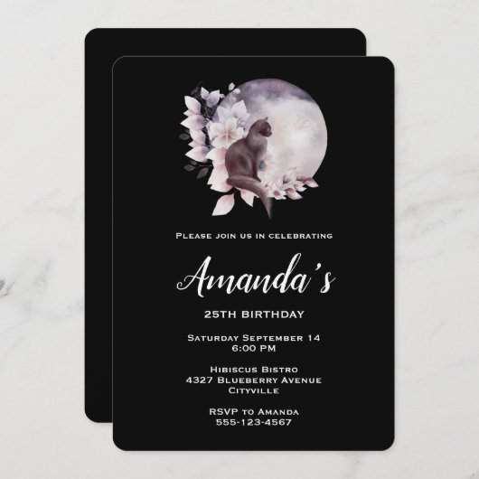 黒猫が魔法の満月誕生日の前に 招待状 (正面/裏面)