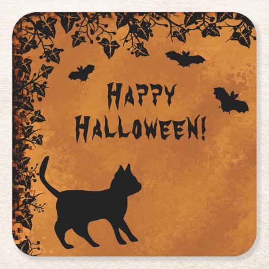 黒猫こうもりハッピーハローウィン スクエアペーパーコースター (正面)