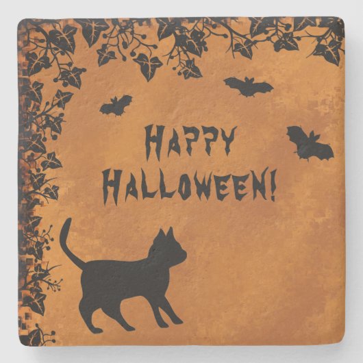 黒猫こうもりハッピーハローウィン ストーンコースター (正面)