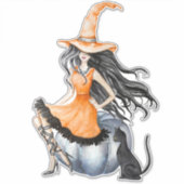 黒猫でカボチャのハロウィーンの魔女 シール (正面)