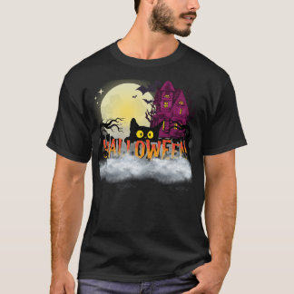 黒猫とお化け屋敷 - ハロウィンナイトのデザイン Tシャツ