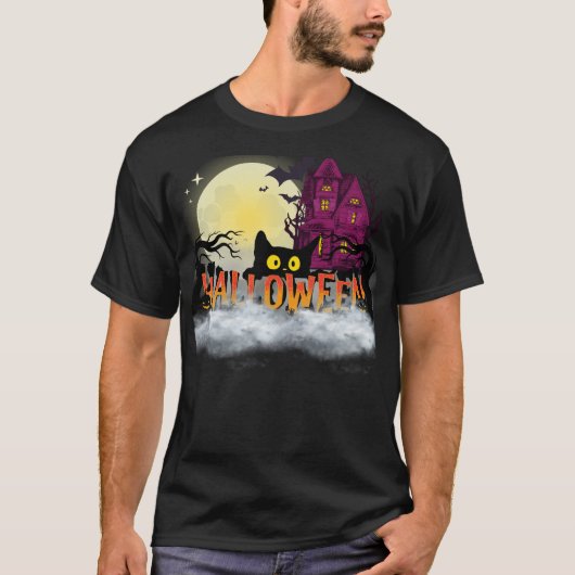 黒猫とお化け屋敷 - ハロウィンナイトのデザイン Tシャツ (正面)