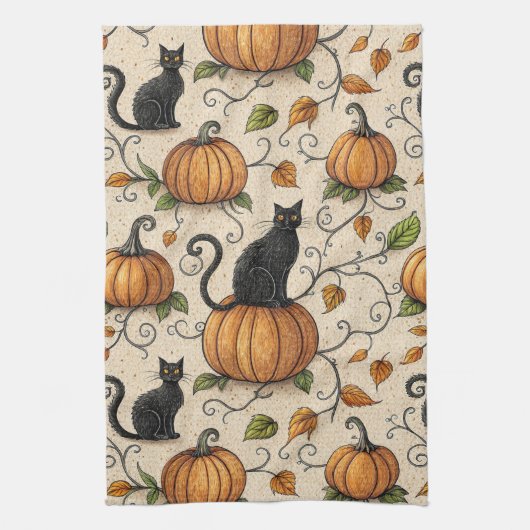黒猫とかぼちゃのハロウィンパターン キッチンタオル (縦)