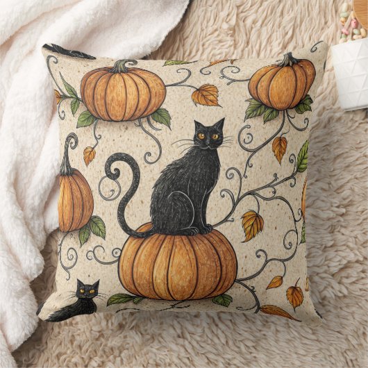 黒猫とかぼちゃのハロウィンパターン クッション (ブランケット)
