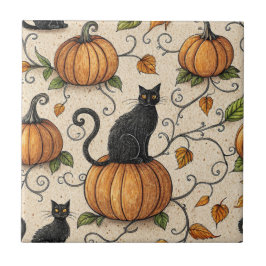 黒猫とかぼちゃのハロウィンパターン タイル