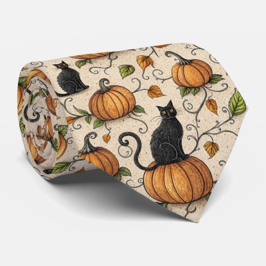 黒猫とかぼちゃのハロウィンパターン ネクタイ (ロール)