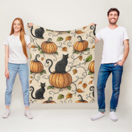 黒猫とかぼちゃのハロウィンパターン フリースブランケット