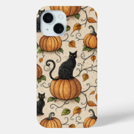 黒猫とかぼちゃのハロウィンパターン iPhone 15ケース