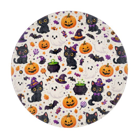 黒猫とかぼちゃのハロウィン繰り返しテーマ 🐈 カッティングボード (正面)