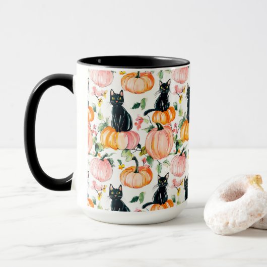 黒猫とかぼちゃのハロウィン コーヒーマグ マグカップ (ドーナツ付き)