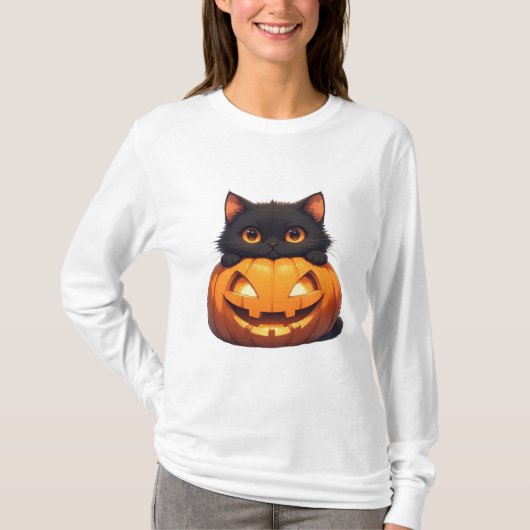 黒猫とかぼちゃ畑のシーン Tシャツ (正面)