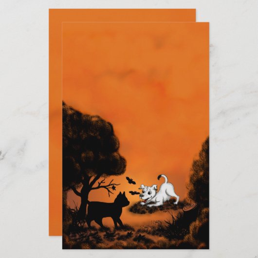 黒猫とこうもりで子犬ハッピーハローウィン! 便箋 (正面/裏面)