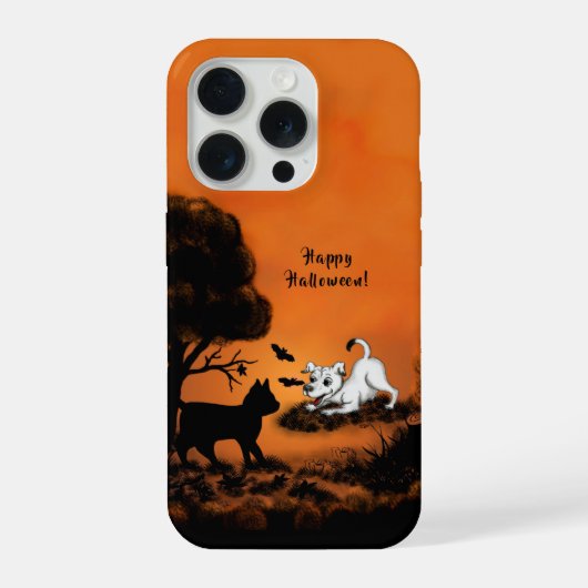 黒猫とこうもりで子犬ハッピーハローウィン! iPhoneケース (裏面)