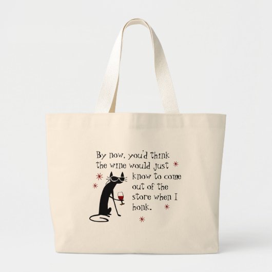 黒猫との引用文をおもしろいワインで知ろう ラージトートバッグ (正面)