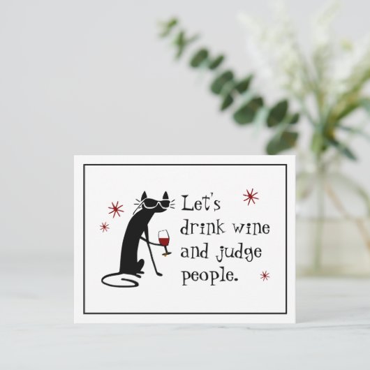 黒猫との引用文を判断おもしろいするワインを飲む ポストカード (スタンド正面)
