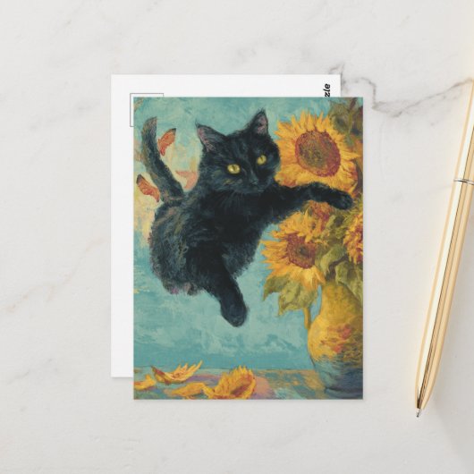 黒猫とひまわりの花瓶 ポストカード (正面/裏面インサイチュ)